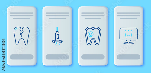 Set line Dental medical syringe, Tooth with caries, Broken tooth and clinic location icon. Vector