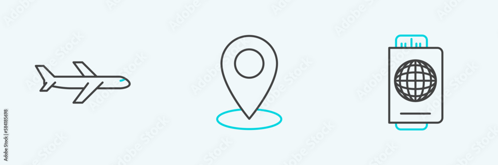 Set line Passport with ticket, Plane and Map pin icon. Vector Set line Passport with ticket, Plane and Map pin icon. Vector