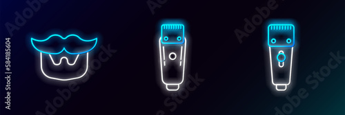 Set line Electrical hair clipper or shaver, Mustache and beard and icon. Glowing neon. Vector