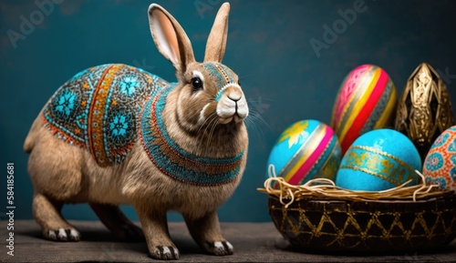 Easter Bunny, dark background, , Easter eggs, basket, Generative AI