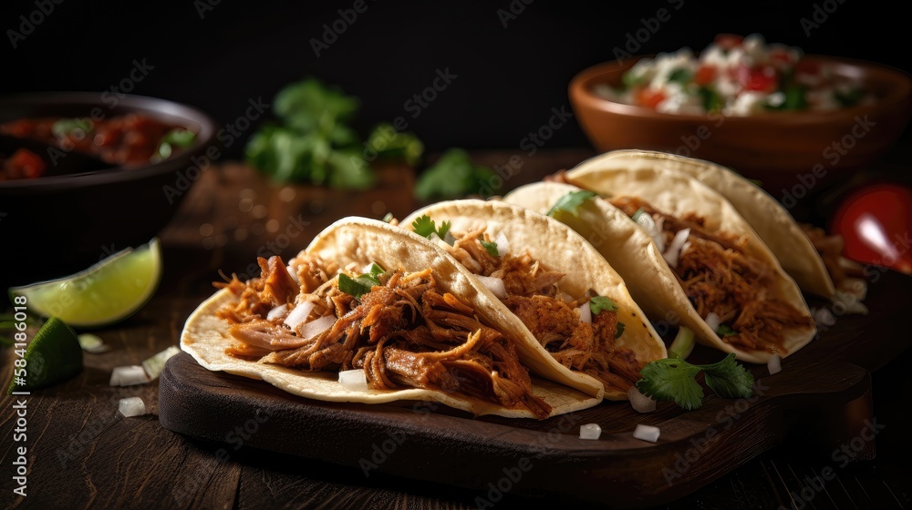 Fototapeta premium Mexican pork carnitas tacos composition. Generative AI