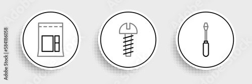 Set line Screwdriver, Cement bag and Metallic screw icon. Vector