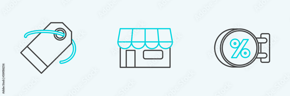 Set line Signboard hanging with an inscription discount percent, Blank label template price tag and Shopping building or market store icon. Vector Set line Signboard hanging with an inscription discount percent, Blank label template price tag and Shopping building or market store icon. Vector