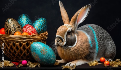 Easter Bunny, dark background, , Easter eggs, basket, Generative AI