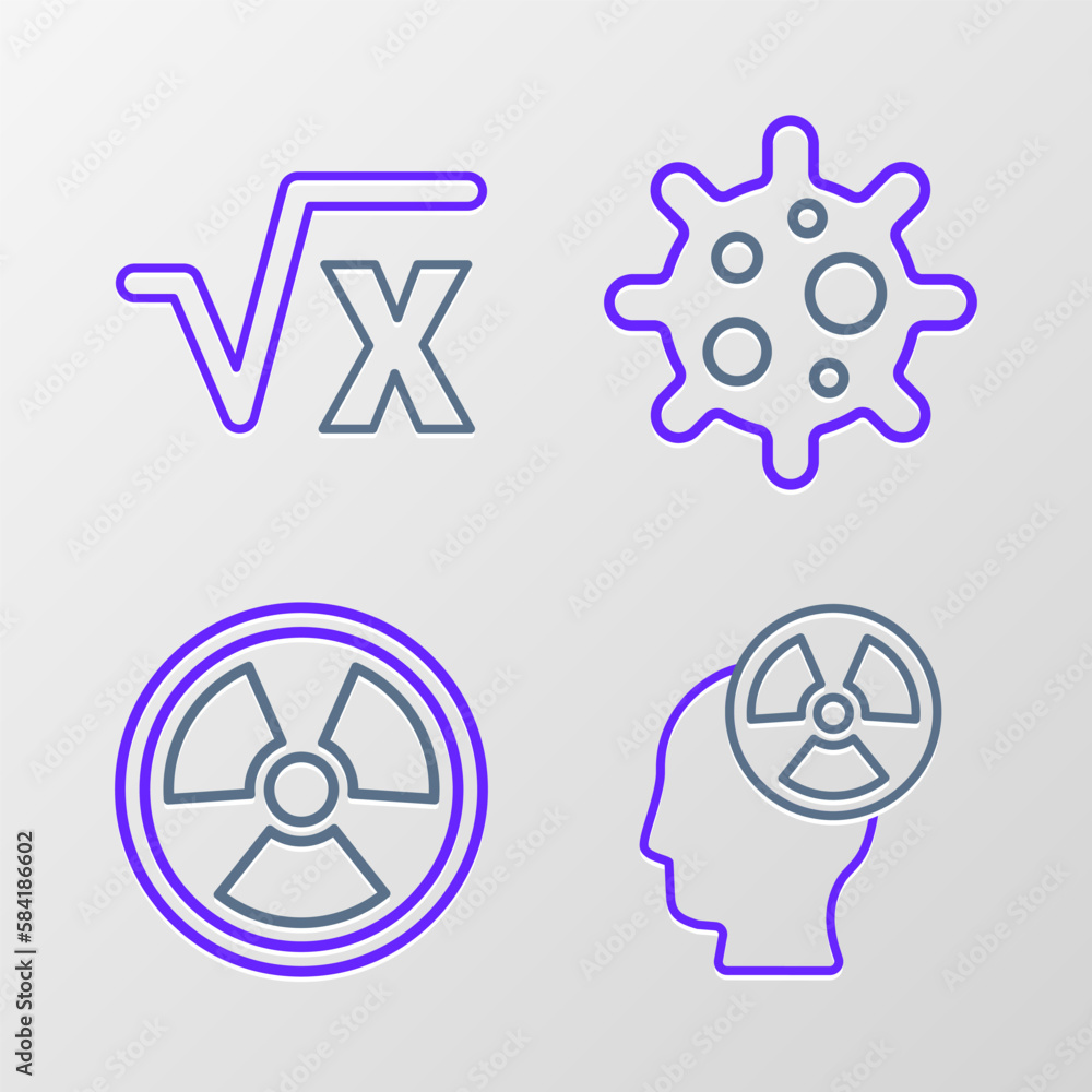 Set line Head and radiation symbol, Radioactive, Virus and Square root of x glyph icon. Vector Set line Head and radiation symbol, Radioactive, Virus and Square root of x glyph icon. Vector