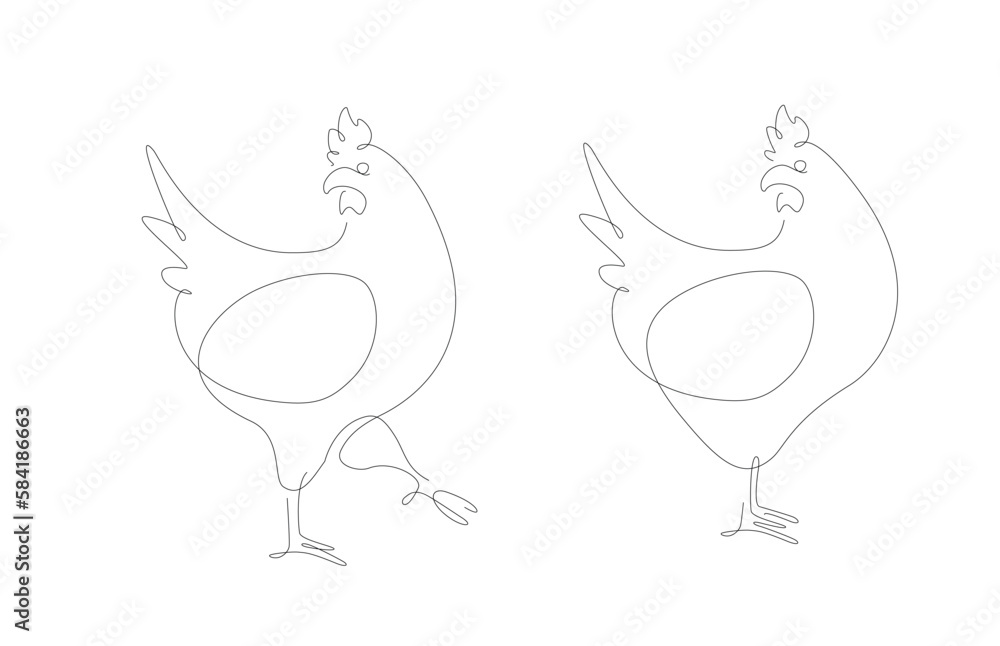 Chicken one line illustration.Chiken single line. Household animals line art vector. Chicken one line illustration.Chiken single line. Household animals line art vector.