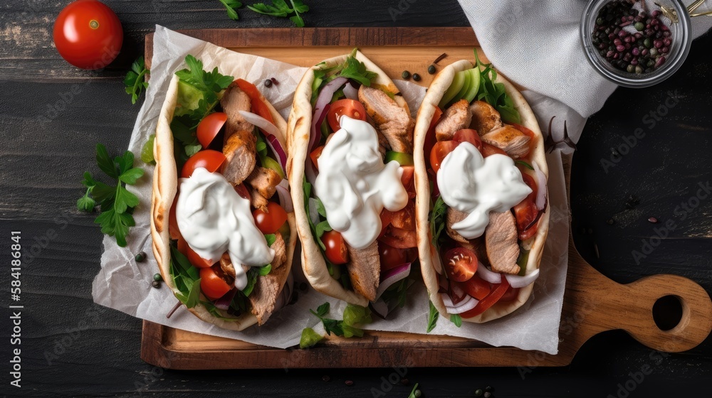 Kebab in pita bread with vegetables and yogurt sauce. Generative AI Kebab in pita bread with vegetables and yogurt sauce. Generative AI