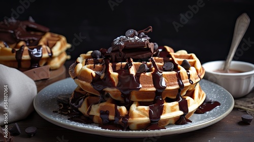 Belgian waffles with dark chocolate. Generative AI