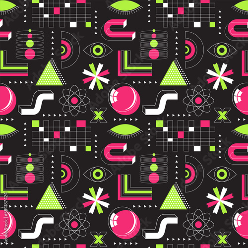 Bright pink and green neon acidic seamless pattern. Abstract geometric shapes, bold, linear objects. Brutalism, retro futurism style. Dots, triangles, grid, flowers, eye. Vector illustration on black.