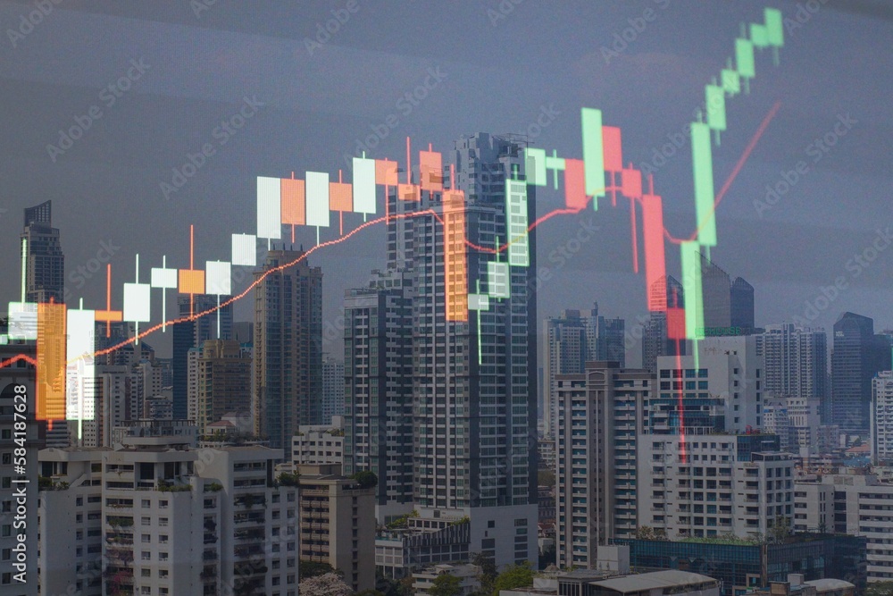 Real estate, development and investing concept with financial chart indicators and stock market graphs on property building