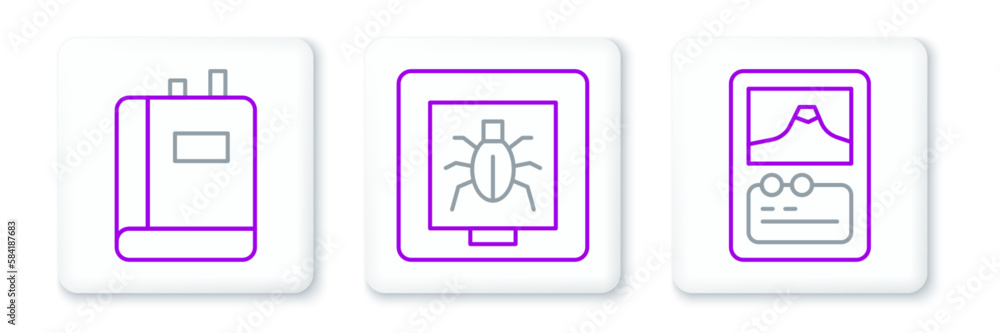 Set line Card game, Book and Insects in frame icon. Vector Set line Card game, Book and Insects in frame icon. Vector