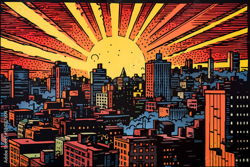 A painting of a city skyline at sunset comic book style. digital art illustration. generative AI.