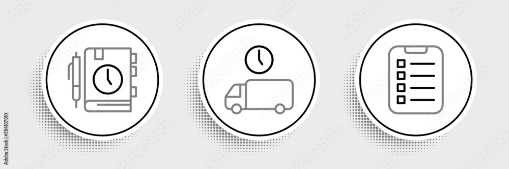 Set line To do list or planning, Daily paper notepad and Delivery time icon. Vector Set line To do list or planning, Daily paper notepad and Delivery time icon. Vector
