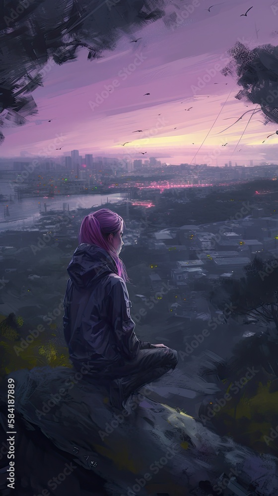 A girl is looking at the city from the top of the cliff, generative ai
