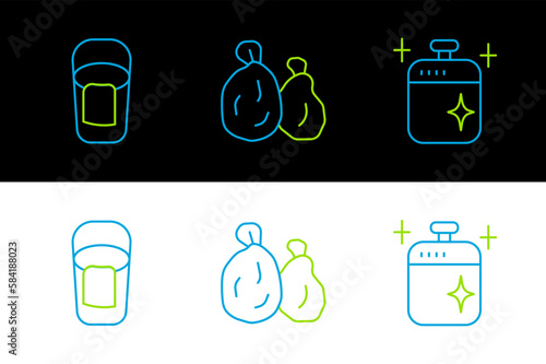 Set line Clean cooking pot, Bucket with rag and Garbage bag icon. Vector