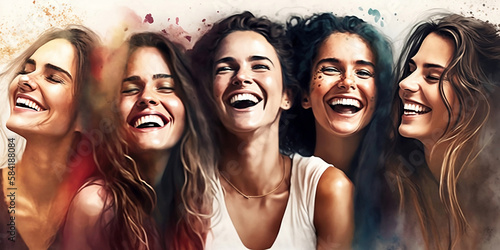 Happy women group for International Women’s day, watercolor of female friend group, watercolor pancil style illustration by Generative Ai