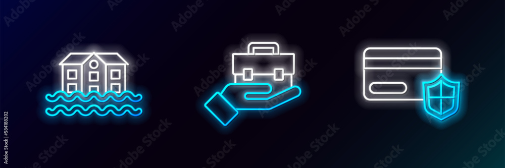 Set line Credit card with shield, House flood and Hand holding briefcase icon. Glowing neon. Vector Set line Credit card with shield, House flood and Hand holding briefcase icon. Glowing neon. Vector