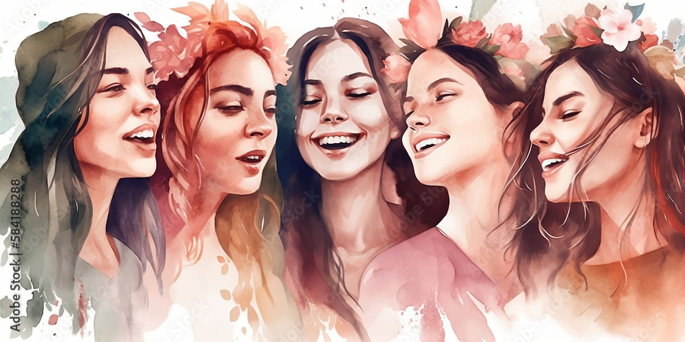 Happy women group for International Women’s day, watercolor of female friend group, watercolor style illustration by Generative Ai