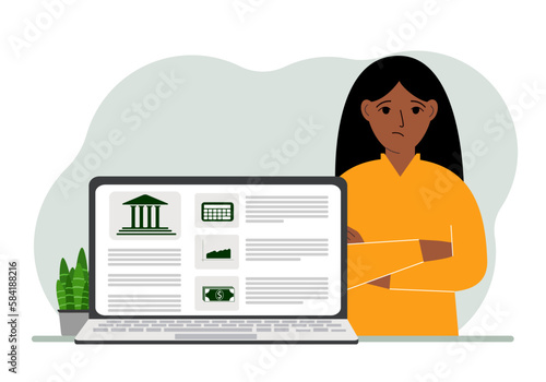 Concept of bill payment, money deposit, bank account management from laptop or computer site. Woman with laptop and bank website.