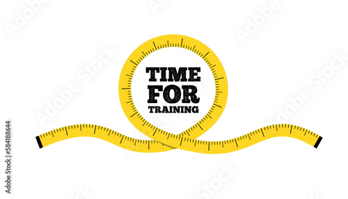 A circle of a yellow measuring centimeter tape on a white background and in the tape there is lettering time for training photo