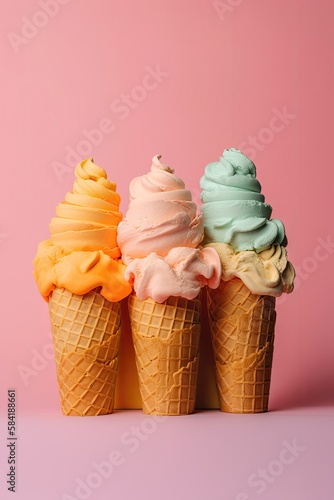 Delicious ice cream cones with different flavors. Generative AI