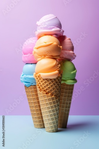Delicious ice cream cones with different flavors. Generative AI