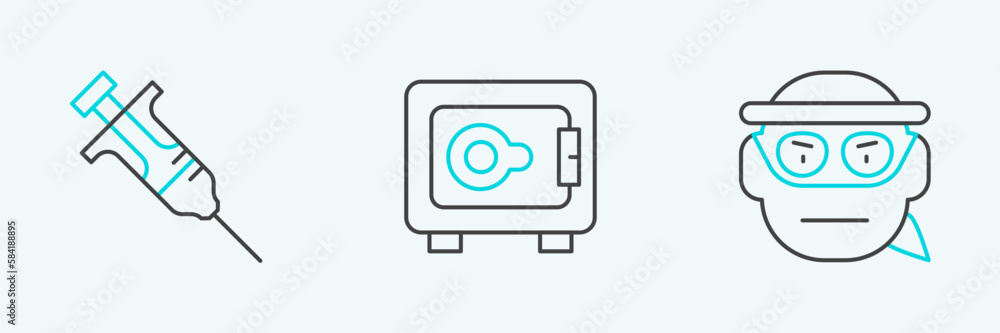 Set line Bandit, Syringe and Safe icon. Vector Set line Bandit, Syringe and Safe icon. Vector