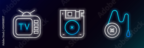 Set line Yoyo toy, Retro tv and Floppy disk icon. Glowing neon. Vector