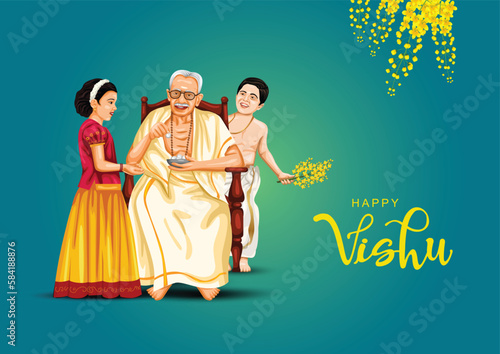 kerala festival happy vishu. old man with kids.vector illustration design