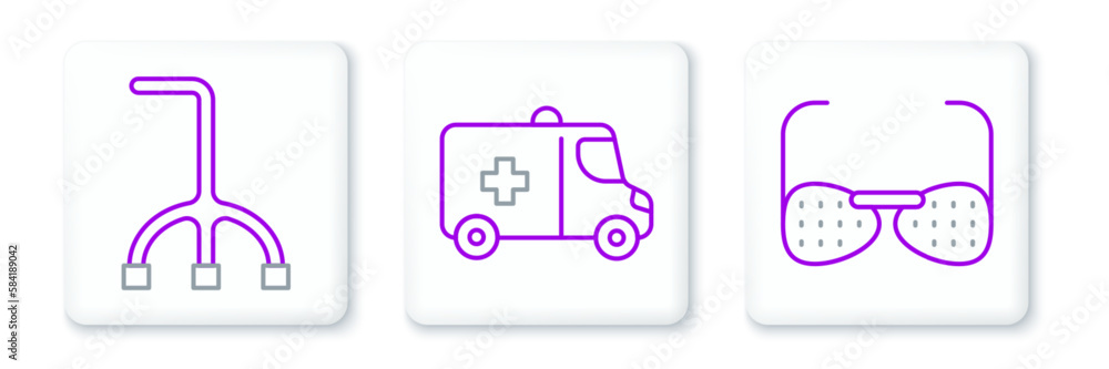 Set line Blind glasses, Walking stick cane and Emergency car icon. Vector Set line Blind glasses, Walking stick cane and Emergency car icon. Vector