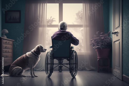 Lonely sad elderly man in wheelchair in nursing home with his dog, the friendship of people and animals. Generative AI © erika8213