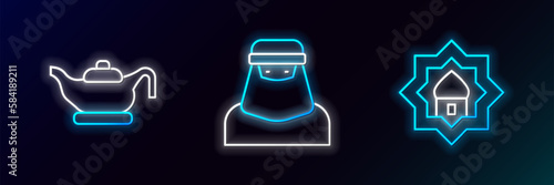 Set line Muslim Mosque, Oil lamp and woman in niqab icon. Glowing neon. Vector