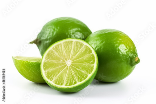 Green lime with cut in half and slices isolated on white background. generative ai
