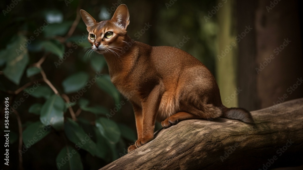A sleek and athletic Abyssinian cat perched on a tree branch. Generative AI