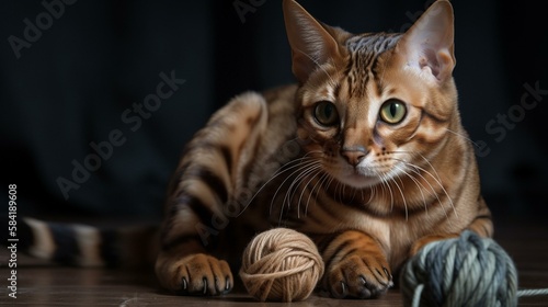 A mischievous Bengal cat playing with a ball of yarn. Generative AI