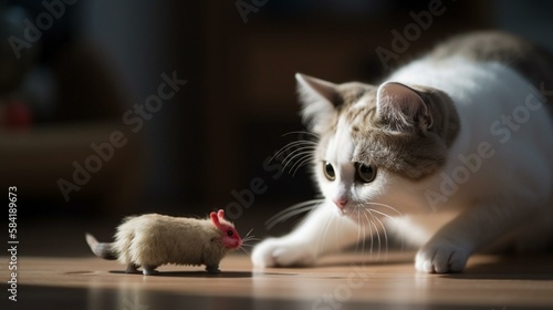 An adorable munchkin cat playing with a toy mouse. Generative AI