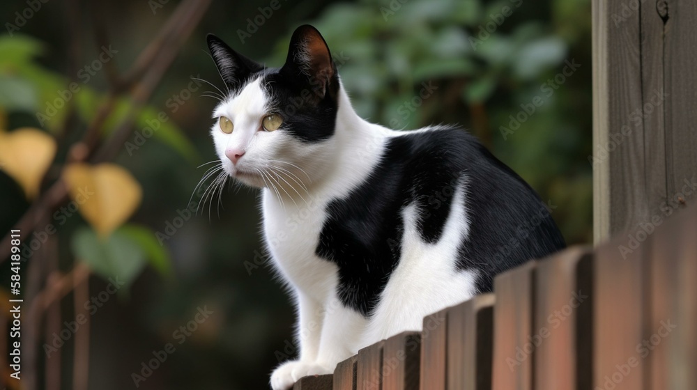 A sleek and athletic Japanese Bobtail cat perched on a fence. Generative AI A sleek and athletic Japanese Bobtail cat perched on a fence. Generative AI