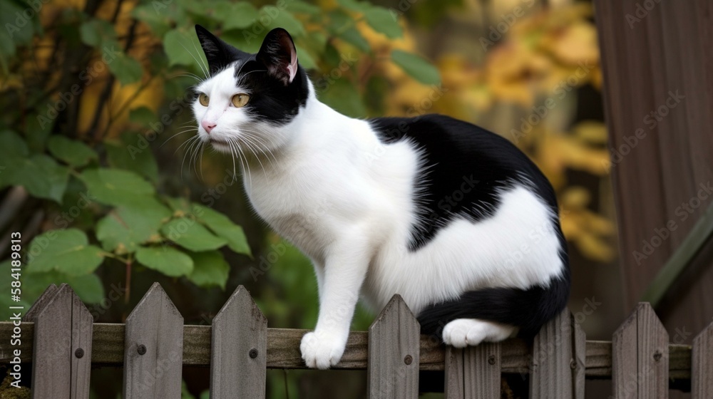 A sleek and athletic Japanese Bobtail cat perched on a fence. Generative AI