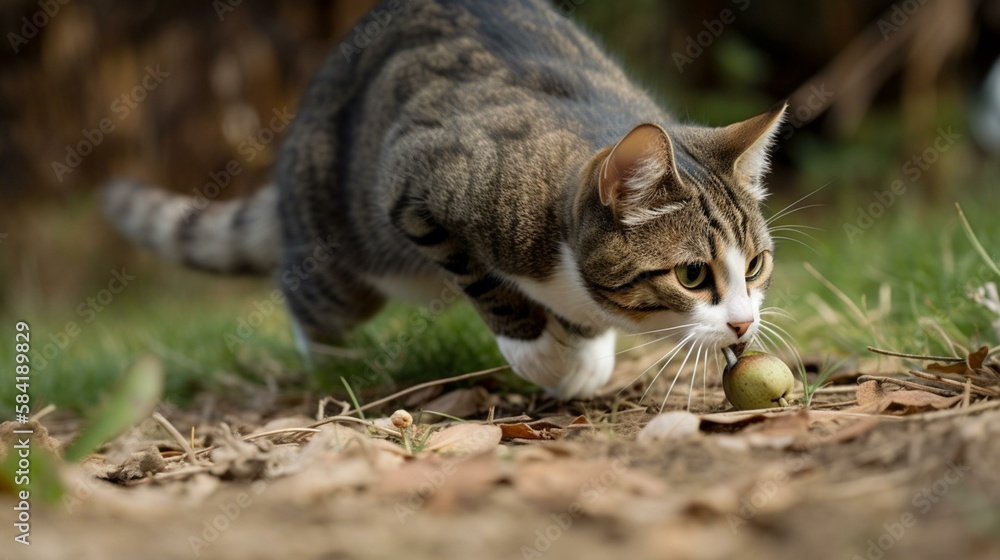 A charming and playful Manx cat chasing a toy mouse. Generative AI