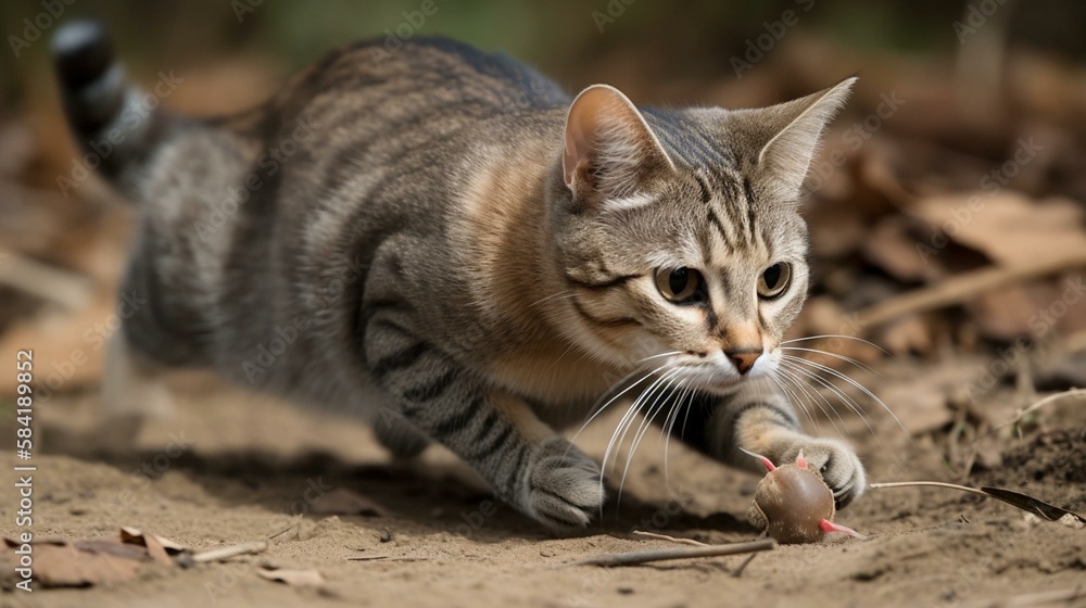 A charming and playful Manx cat chasing a toy mouse. Generative AI