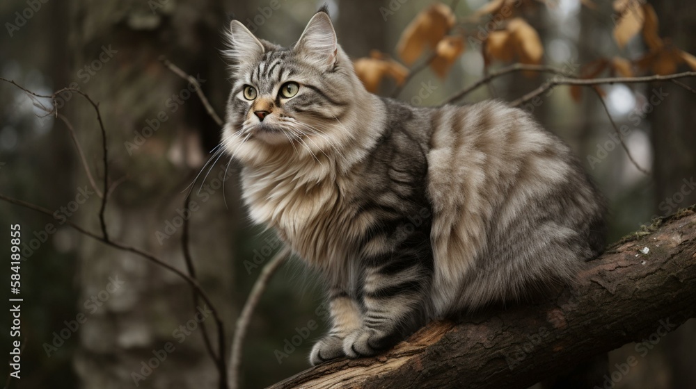 A sleek and athletic Kurilian Bobtail cat sitting on a tree branch. Generative AI