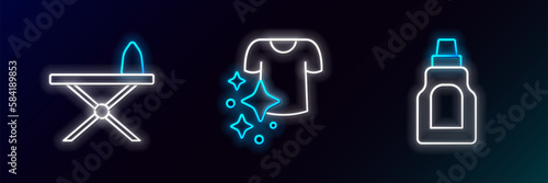 Set line Bottle for cleaning agent, Iron and ironing board and Drying clothes icon. Glowing neon. Vector