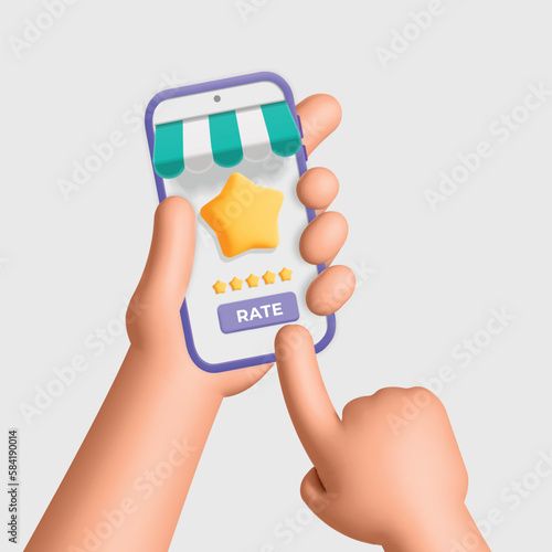 3d vector hands hold smartphone choose five stars on mobile client service app to make custom rating review feedback