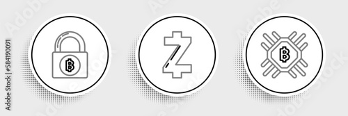 Set line CPU mining farm, Lock with bitcoin and Cryptocurrency Zcash ZEC icon. Vector