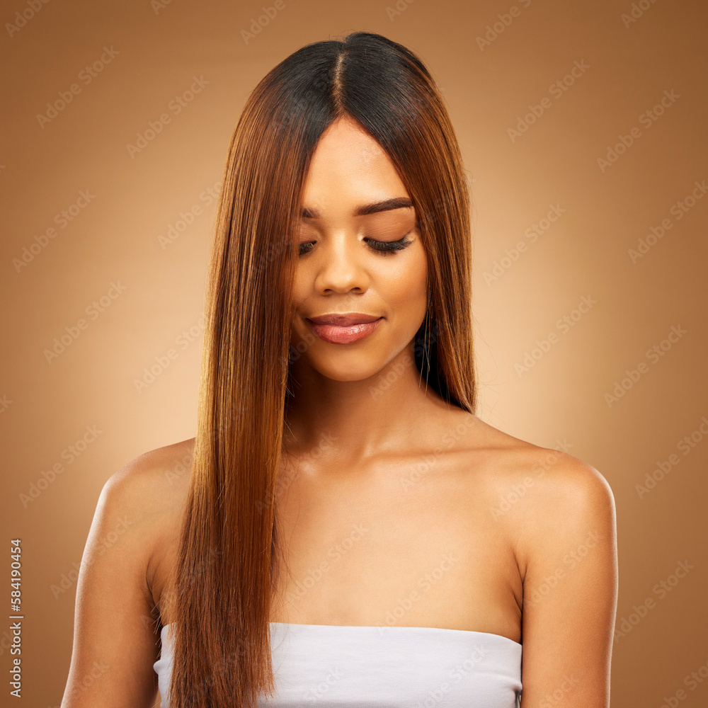 Hair care, straight and beauty of woman in studio for growth and color shine or healthy texture. Aesthetic female face for natural makeup cosmetics, hairdresser or salon mockup on a brown background Hair care, straight and beauty of woman in studio for growth and color shine or healthy texture. Aesthetic female face for natural makeup cosmetics, hairdresser or salon mockup on a brown background
