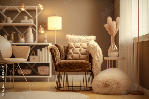 Cozy chair with fluffy blanket. Super photo realistic background, generative ai illustration