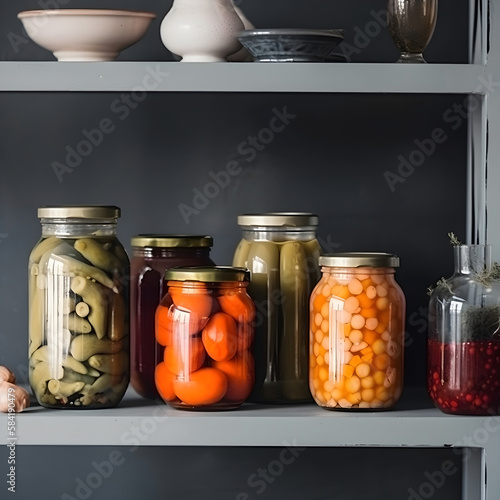 Pickled chopped vegetables in a glass jar on the shelf . Twist. Come AI generated photo