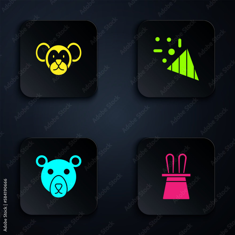 Set Magician hat and rabbit ears, Monkey, Bear head and Festive confetti. Black square button. Vector Set Magician hat and rabbit ears, Monkey, Bear head and Festive confetti. Black square button. Vector
