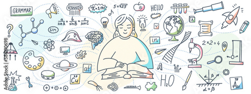 Girl reading book. Student studying with textbook. Education concept. School subjects doodle. 