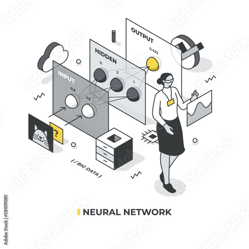 Isometric illustration of neural network consisting of three layers, designed to recognize a photo. Woman stands near monitoring an abstract graph that represents the network's performance or output